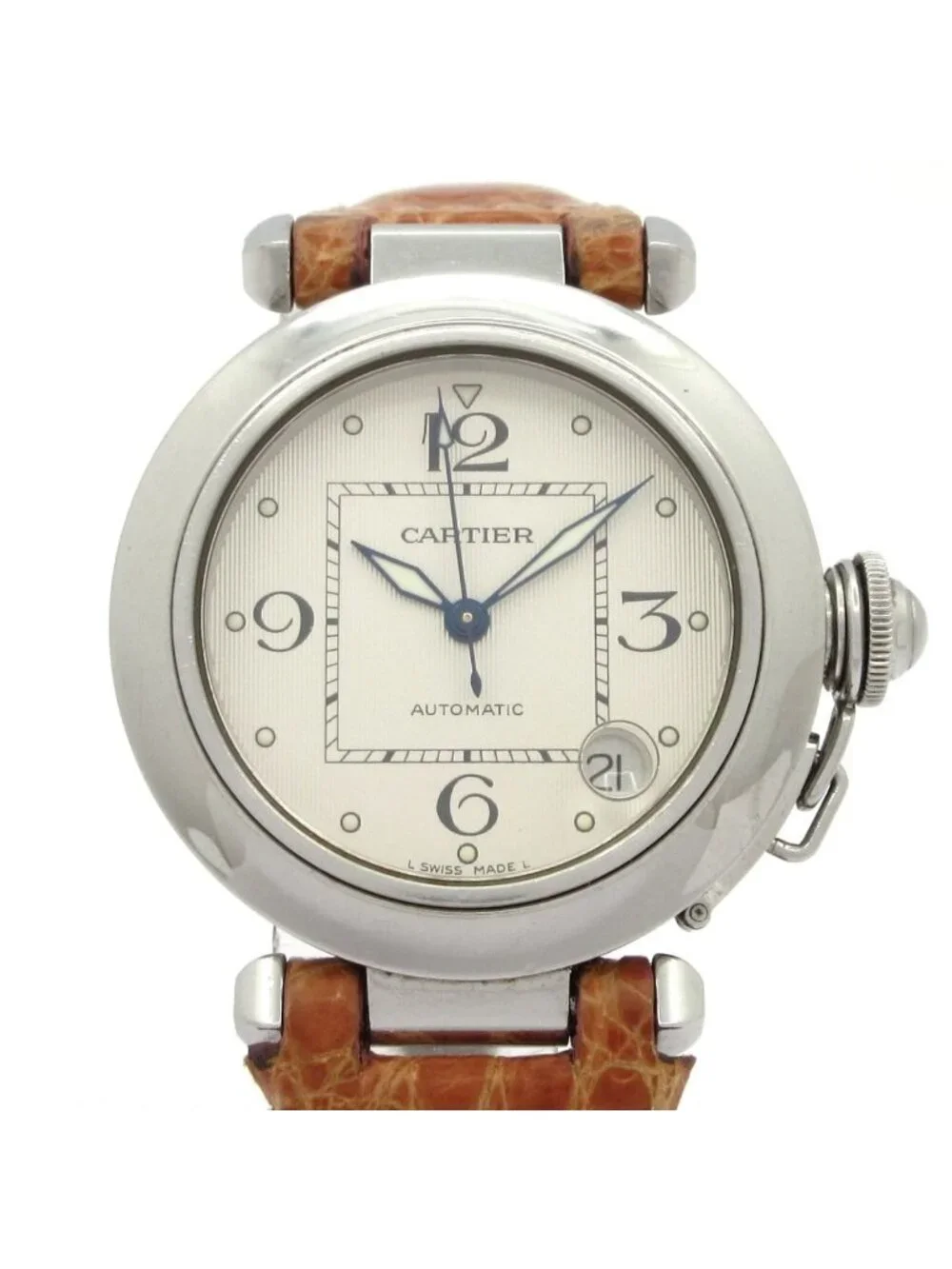 Cartier Watch Pasha C Small Date Boy's SS Tapestry Dial Croco Ivory
